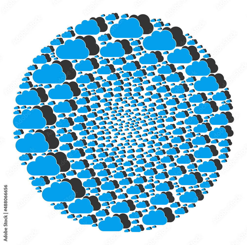 Poster clouds items are united into bubble group. clouds icon spheric mosaic. abstract spheric bubble mosai
