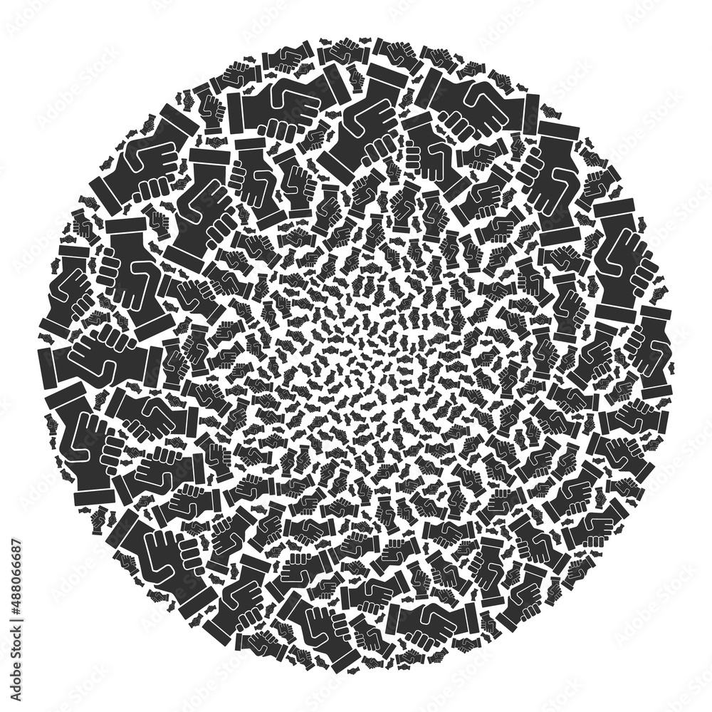 Poster handshake items are combined into bubble collection. handshake icon bubble mosaic. abstract spheric 