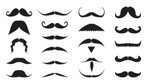 Mustache hipster gentleman mens fashion black silhouette set. Moustache hairstyle face barber. Icon barbershop stamp sticker advertisement badge. Elegant retro style beard different shape isolated