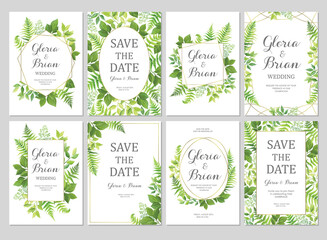 Wedding invitations set with green leaves border and geometric frames. Invite card with place for text. Frame with forest herbs. Vector illustration.