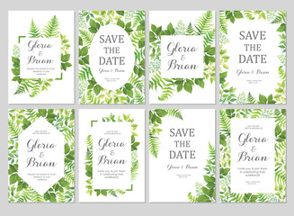 Wedding invitation set with green leaves border. Invite card with place for text. Frame with forest herbs. Vector illustration.