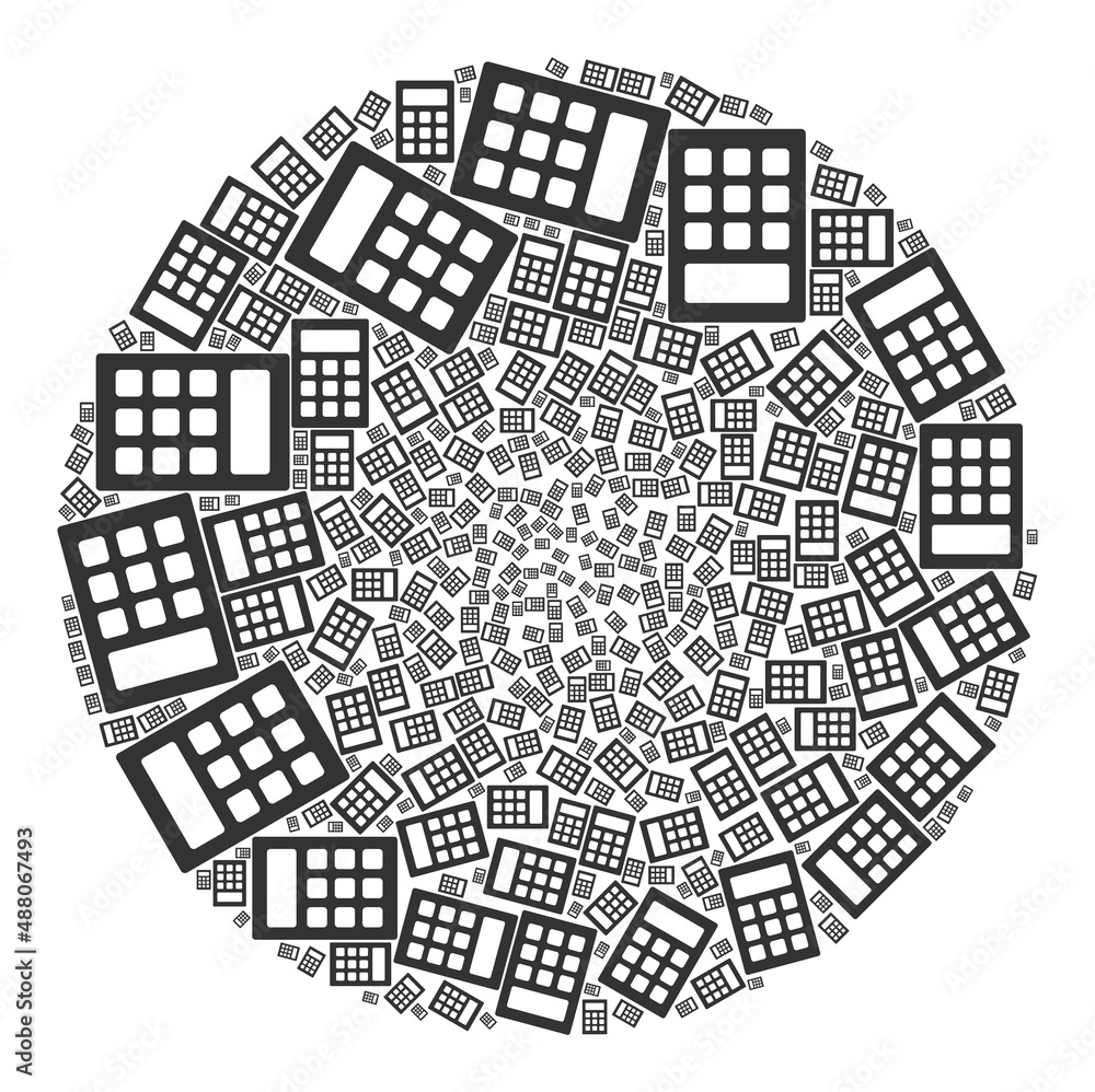 Poster calculator icons are combined into round collection. calculator icon spheric composition. abstract r