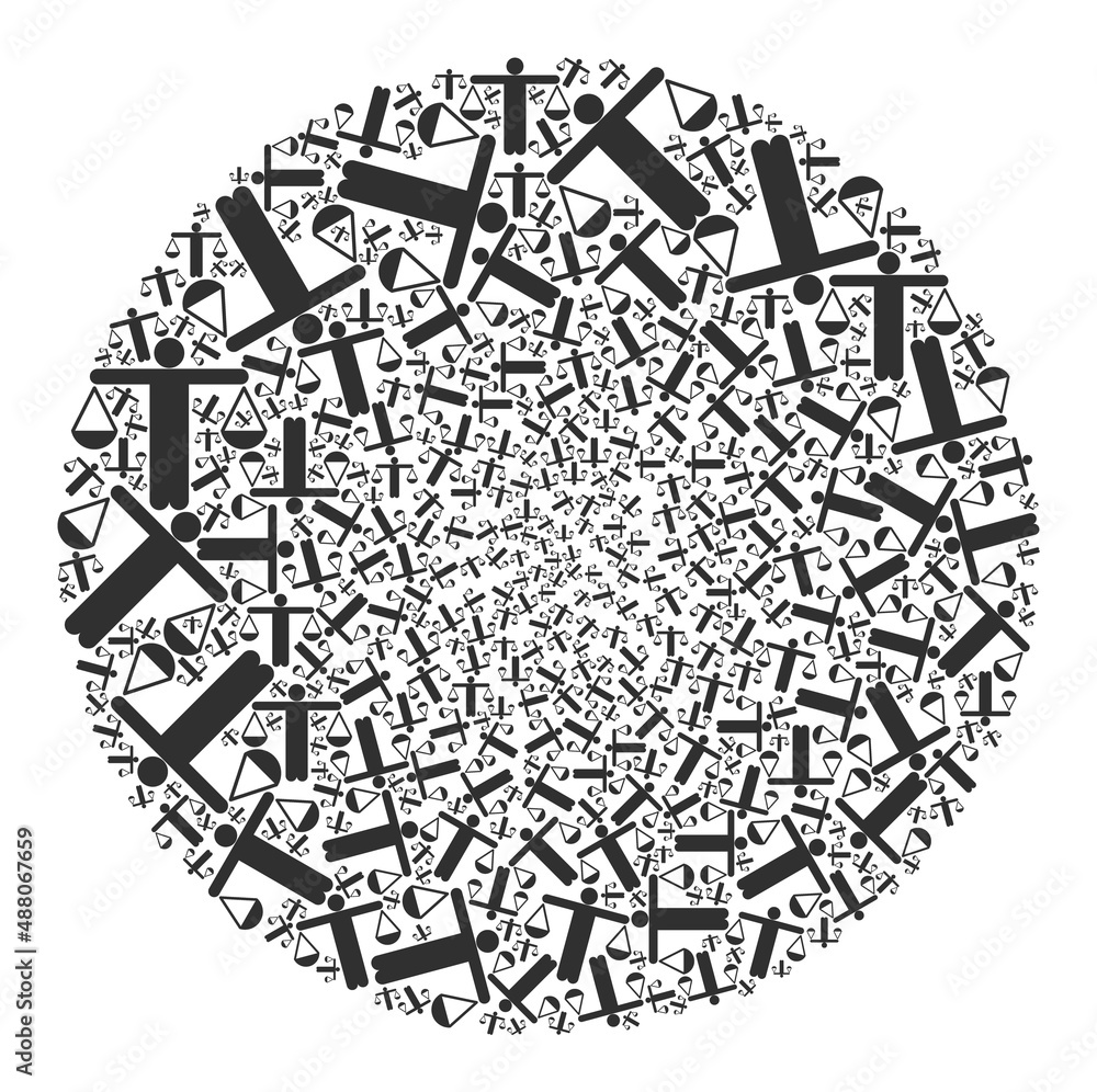 Poster judge balance icons are grouped into circle collection. judge balance icon bubble collage. abstract 