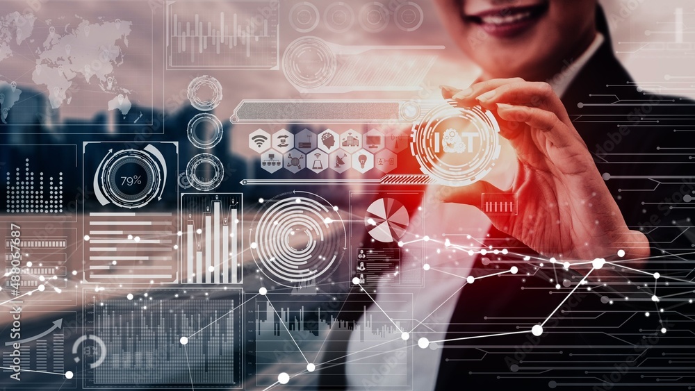 Poster internet of things and communication technology conceptual - modern graphic interface showing smart 