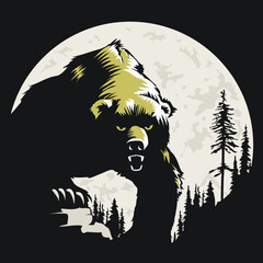 angry grizzly bear approaching with moon in background