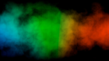 Abstract flowing smoke illuminated by bright multicolored neon light. Dense mist. Colorful steam. Cloudscape magic pattern. Neon smoke background.