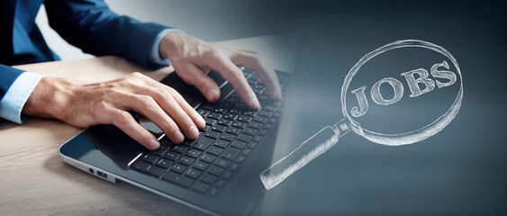 Magnifying glass and the inscription: Job search symbol