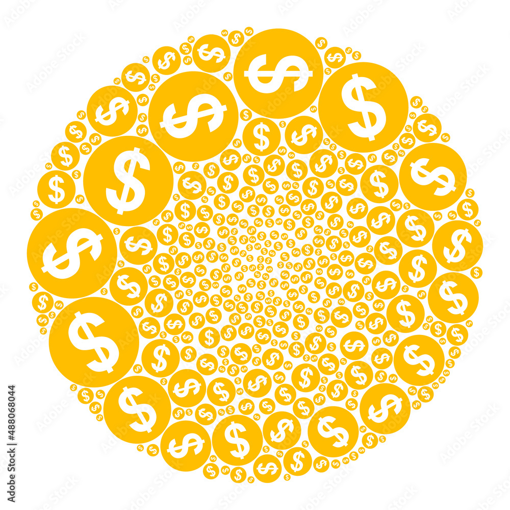 Poster dollar coin items are united into sphere group. dollar coin icon spheric mosaic. abstract sphere clu