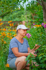 A woman is working in the garden, picking flowers. Garden work. Gardening.