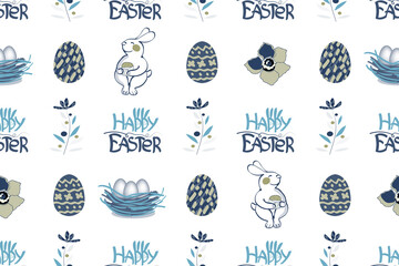 Easter vector seamless pattern. Bunny, lettering Happy Easter with Easter Bunny Ears, cake, eggs and flowers.