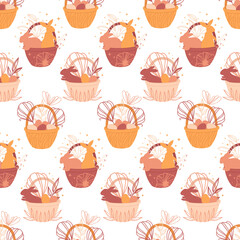 Seamless pattern with Easter baskets, bunnies, eggs and flowers in boho style on white background