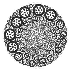 Tire wheel icons are grouped into bubble collection. Tire wheel icon bubble collage. Abstraction spheric bubble mosaic is organized from tire wheel symbols.