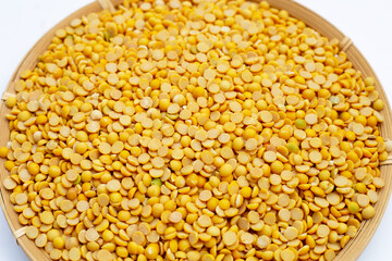 Peeled split soy beans on bamboo plate