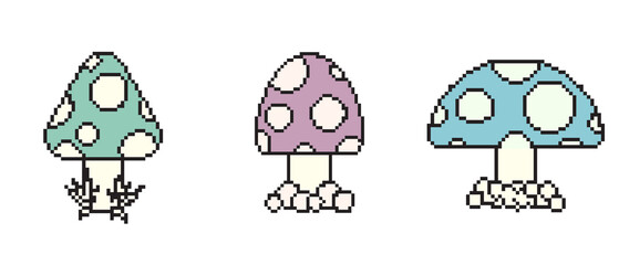 Fototapeta premium Pixel art mushrooms cartoon retro game style. Pixel art, digital mushrooms, flat web icon, vector design retro objects. Vector illustration