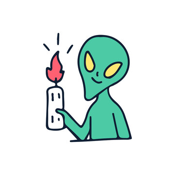 Alien holding candle, illustration for t-shirt, sticker, or apparel merchandise. With doodle, retro, and cartoon style.