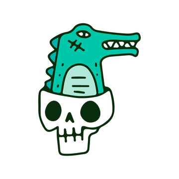 recommend clip art: Crocodile and skull head, illustration for t-shirt, sticker, or apparel merchandise. With doodle, retro, and cartoon style.