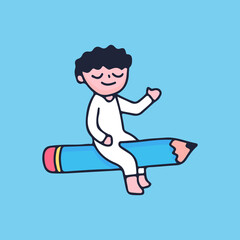 Fototapeta na wymiar Cute little boy riding a pencil. Illustration for Perfect Nursery children, kids, greeting.
