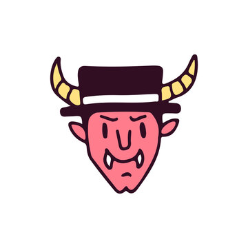 Devil head with vintage hat, illustration for t-shirt, sticker, or apparel merchandise. With doodle, retro, and cartoon style.
