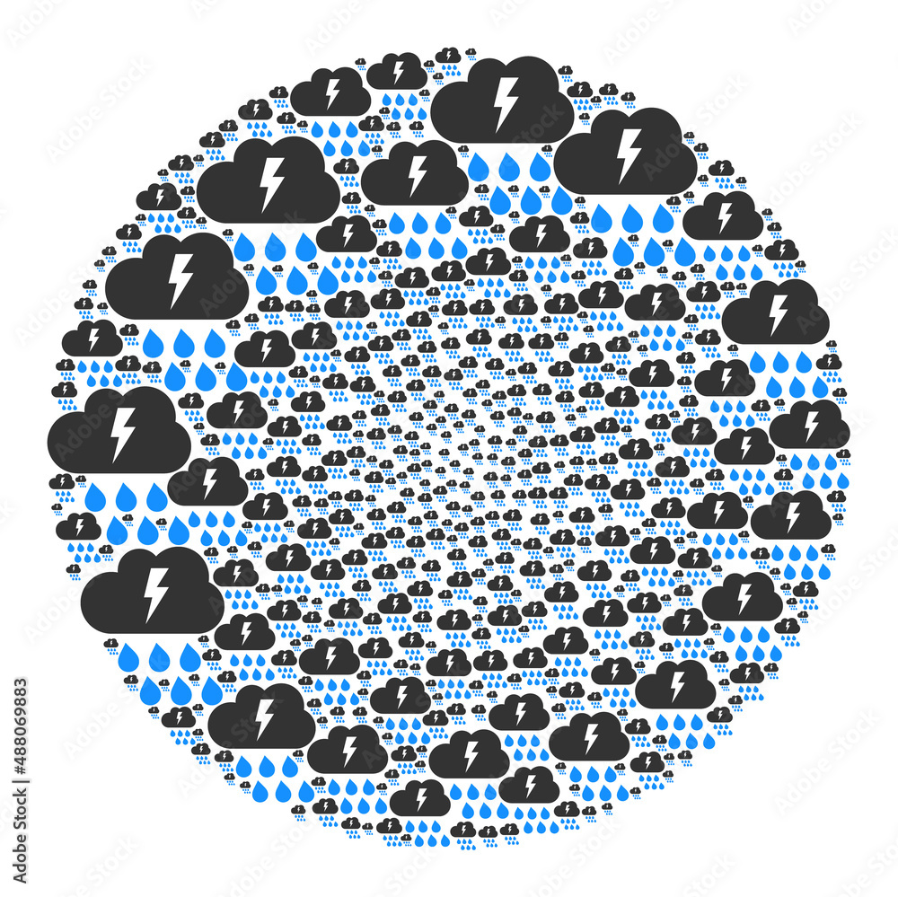Poster thunderstorm symbols are organized into round collection. thunderstorm icon bubble collage. abstract