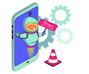 Oops, page 404, text not found. virtual assistant robot website or mobile apps.