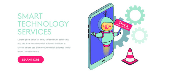 Oops, page 404, text not found. virtual assistant robot website or mobile apps.