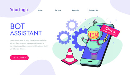 Oops, page 404, text not found. virtual assistant robot website or mobile apps.