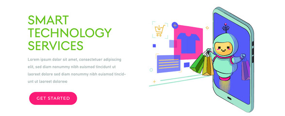 modern robot holding shopping bags, special offer, sale, artificial intelligence concept. robot virtual assistant website or mobile apps.