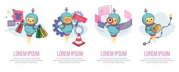 Fototapeta premium Cute bot character set. Welcome to the chatbot. Online consultation. Overview of cartoon illustrations