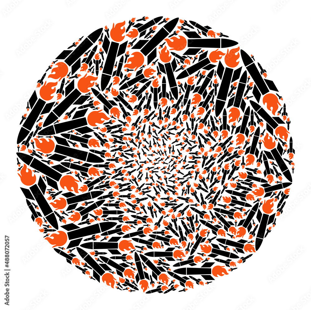 Poster missile items are grouped into globe group. missile icon bubble mosaic. abstraction round bubble mos