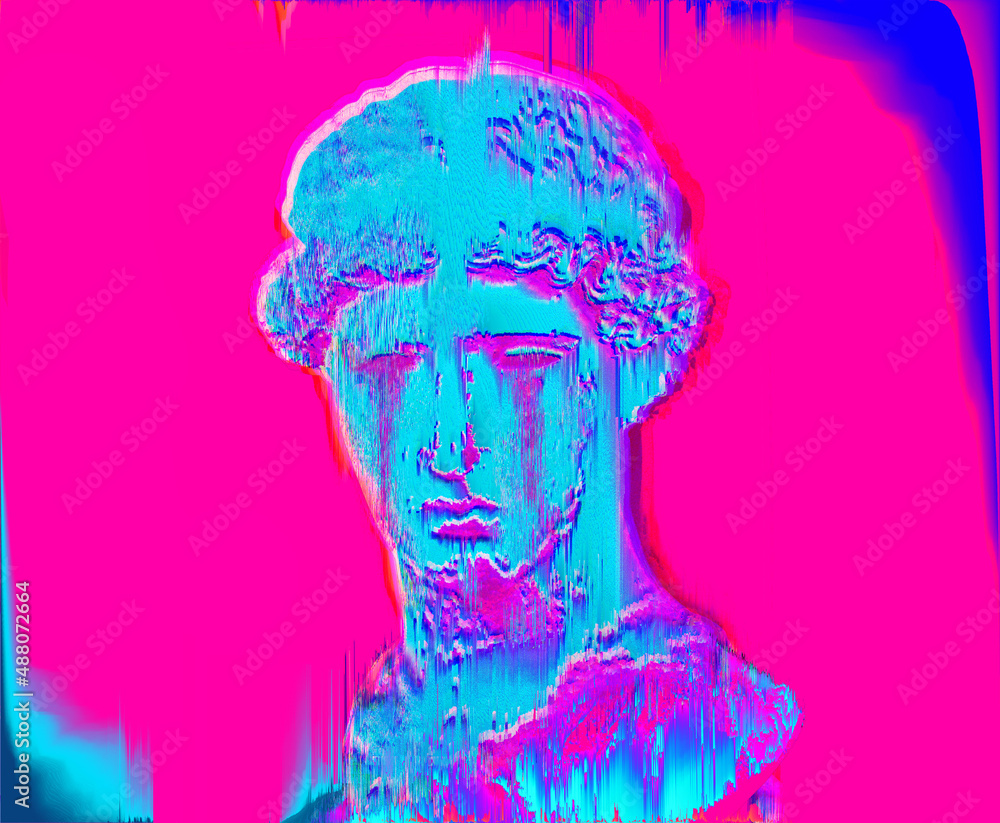 Poster abstract glitch art of corrupted graphics of pixel sorting processed classical sculpture head from 3