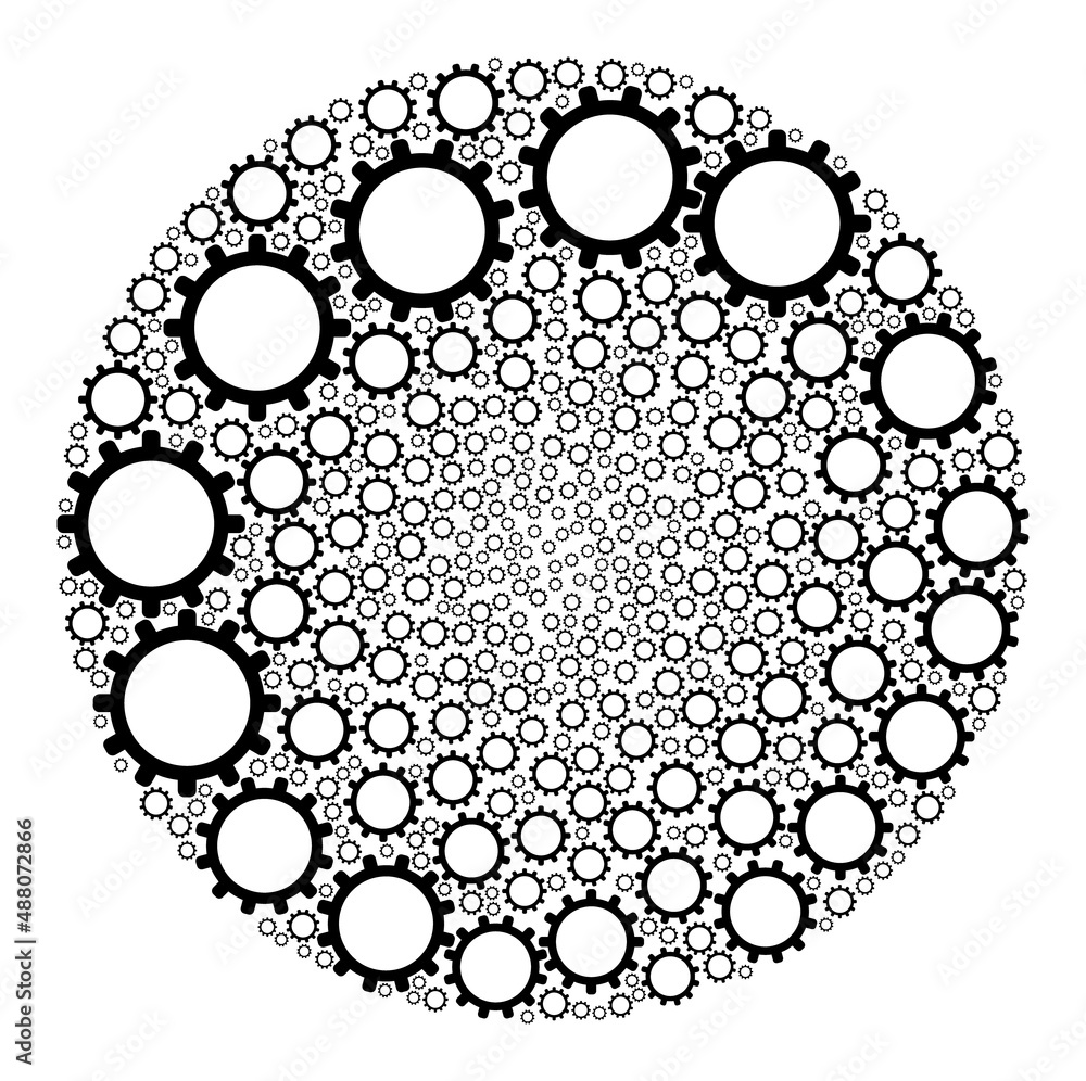 Poster cog icons are composed into globe collection. cog icon bubble collage. abstraction spheric bubble co