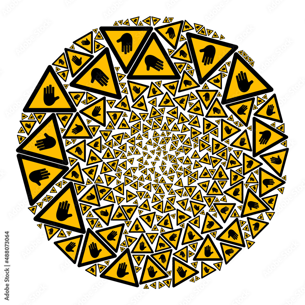 Poster hand touch warning signs are arranged into sphere group. hand touch warning icon round collage. abst