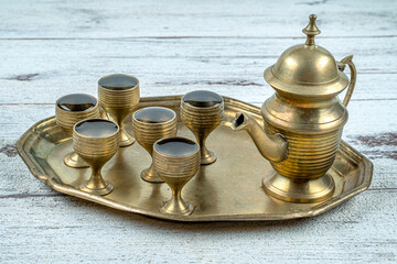 Fototapeta na wymiar Ramadan concept: Dates, zam zam water on a wooden table