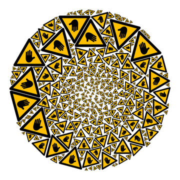 Hand touch warning signs are arranged into sphere group. Hand touch warning icon round collage. Abstract round bubble collage is designed with hand touch warning symbols.