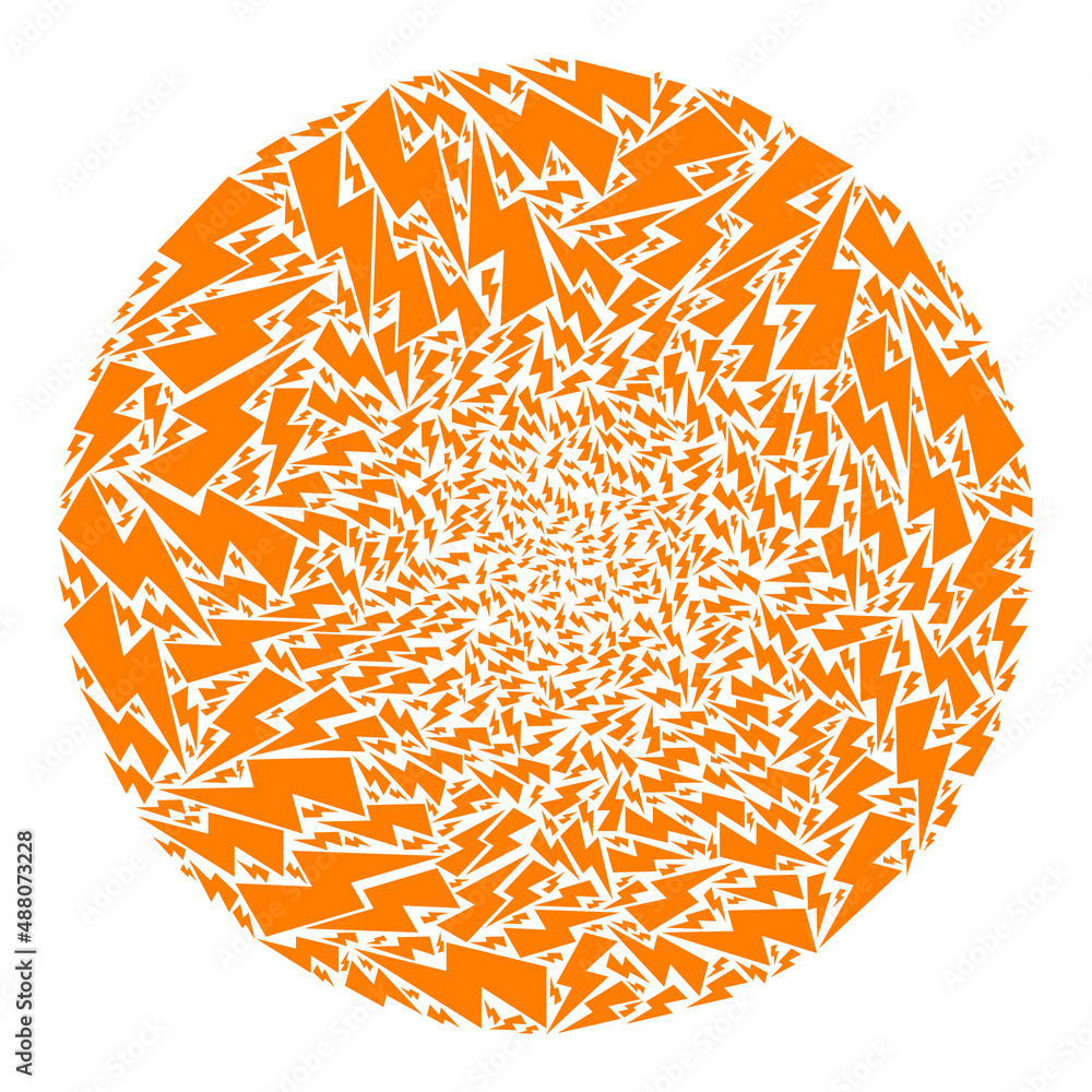 Poster electric spark items are scattered into round collection. electric spark icon round composition. abs