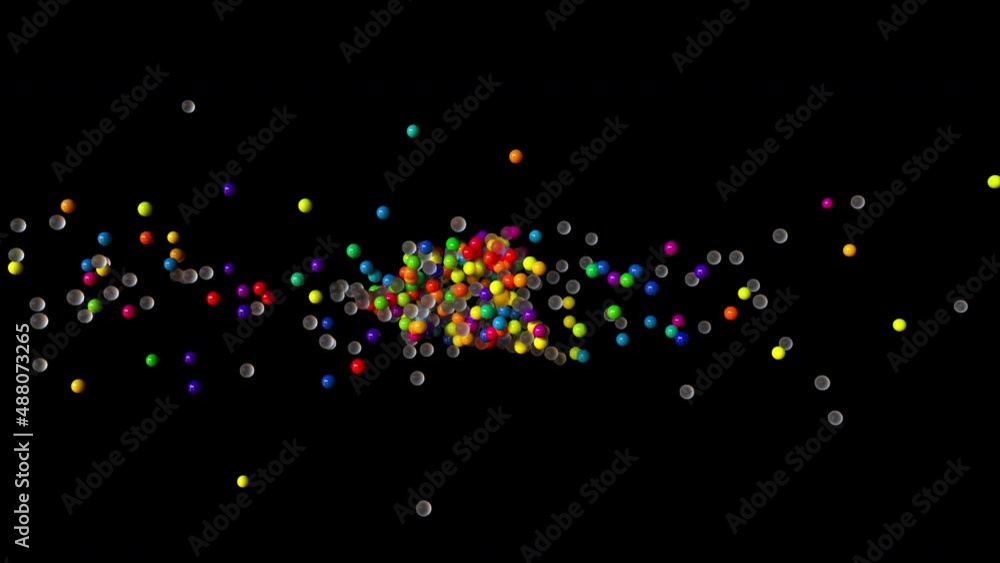 Poster colorful clusters of balls flying in 3d render space. round objects in trendy colors for bright digi