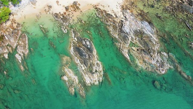 4K Nature video Aerial view Top-down beach sea water clear in summer day. Nature sea in Phuket Thailand.