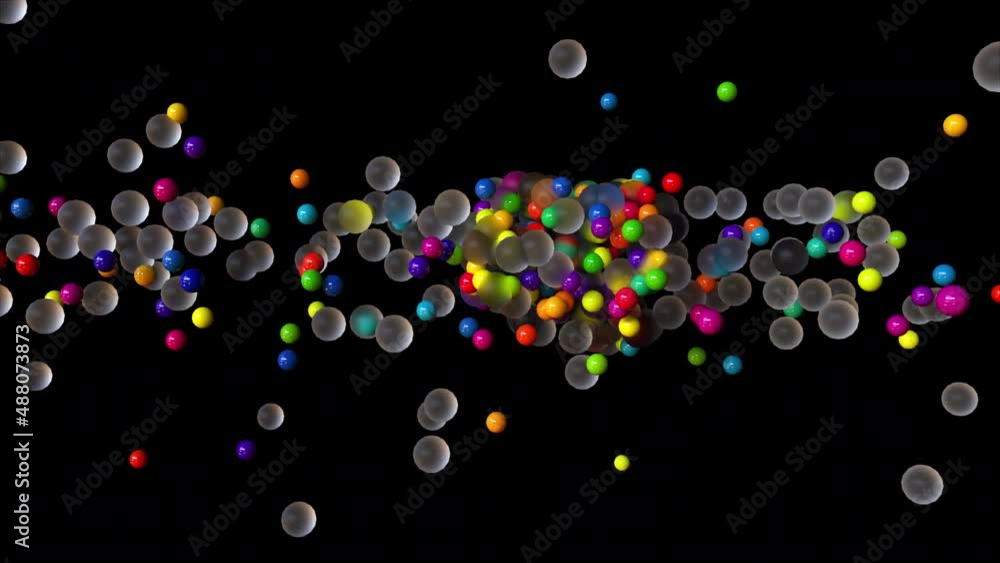 Poster colorful clusters of balls flying in 3d render space. round objects in trendy colors for bright digi