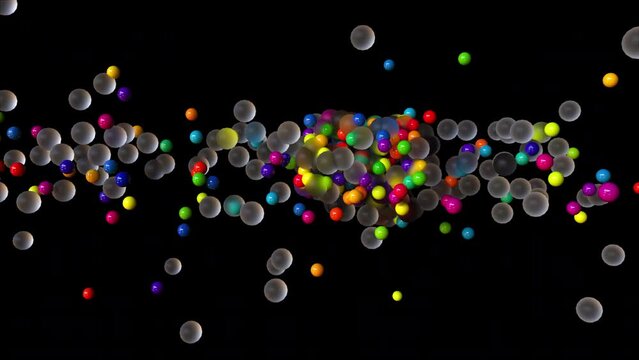 Colorful clusters of balls flying in 3d render space. Round objects in trendy colors for bright digital interiors and presentations. Futuristic clouds of molecules with glossy and matte effect.