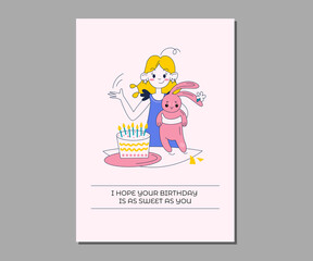  Cute girl with a rabbit and a cake. Birthday party. Greeting card. Trendy template. 