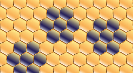 Original mosaic background in orange with blue flowers, stylized honeycombs with golden lines texture.