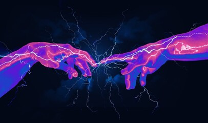 Pink and blue marbled reaching hand digital concept illustration charged electrically and sparking thunder fingers on dark blue cloudy sky. - obrazy, fototapety, plakaty