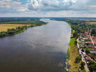 Nieszawa, Poland - August 11, 2021. Aerial view of Vistula river in Summer 