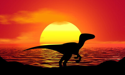 Dinosaur T rex Dino Silhouette Sunset Beach Sunrise landscape illustration