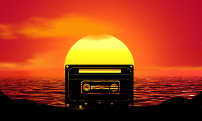 Fototapeta na wymiar Retro Vintage Cassette Tape Silhouette Sunset Beach Sunrise landscape illustration