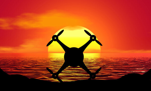 Drone, unmanned aerial vehicle Silhouette Sunset Beach Sunrise landscape illustration