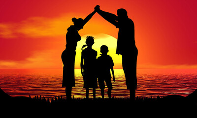 Fototapeta na wymiar Family Father mother protection Silhouette Sunset Beach Sunrise landscape illustration