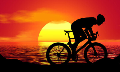 Biker bike bicyclist rider Silhouette Sunset Beach Sunrise landscape illustration