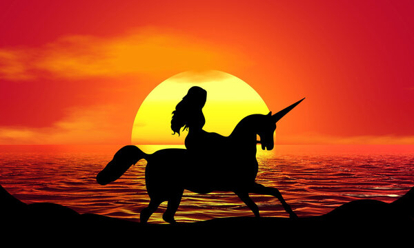 Unicorn Girl Horse Silhouette Sunset Beach Sunrise landscape illustration