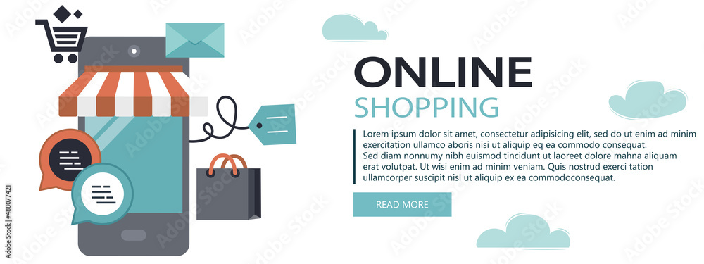 Wall mural on line shopping and payment methods. mobile payments. pay per click and online order. flat vector i